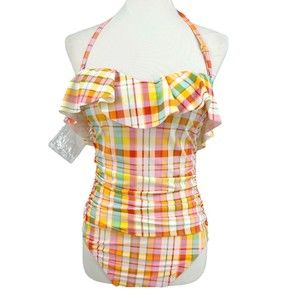 Women's One Piece Bathing Suit Sz 8 Ruffle Halter Plaid Bleu Rod Beattie